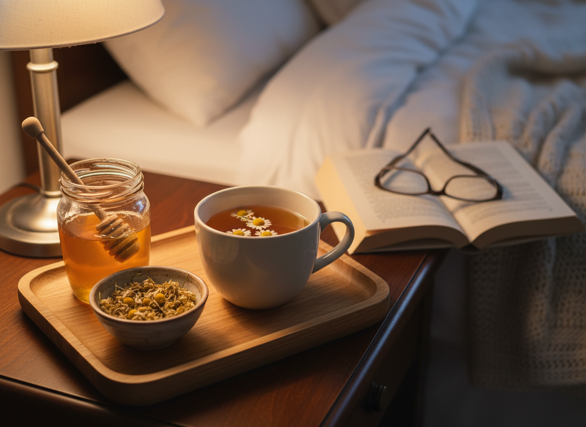 Evening chamomile tea on bedside tray with honey, dried flowers, warm lamp light