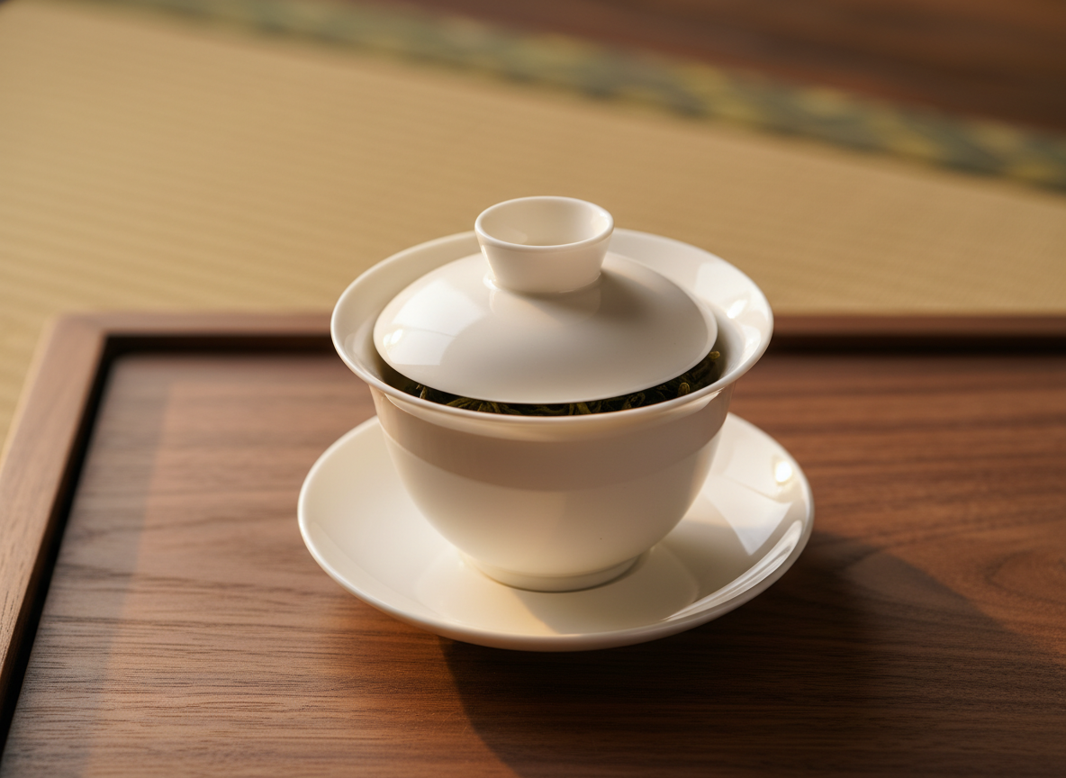White porcelain gaiwan with lid ajar on walnut tea tray, oolong leaves inside